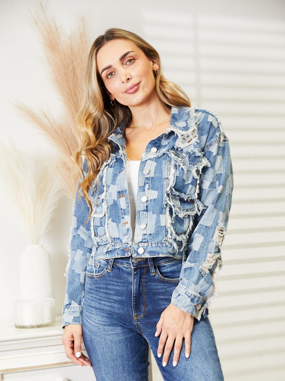 Plaid Raw Hem Dropped Shoulder Denim Jacket - Lab Fashion, Home & Health