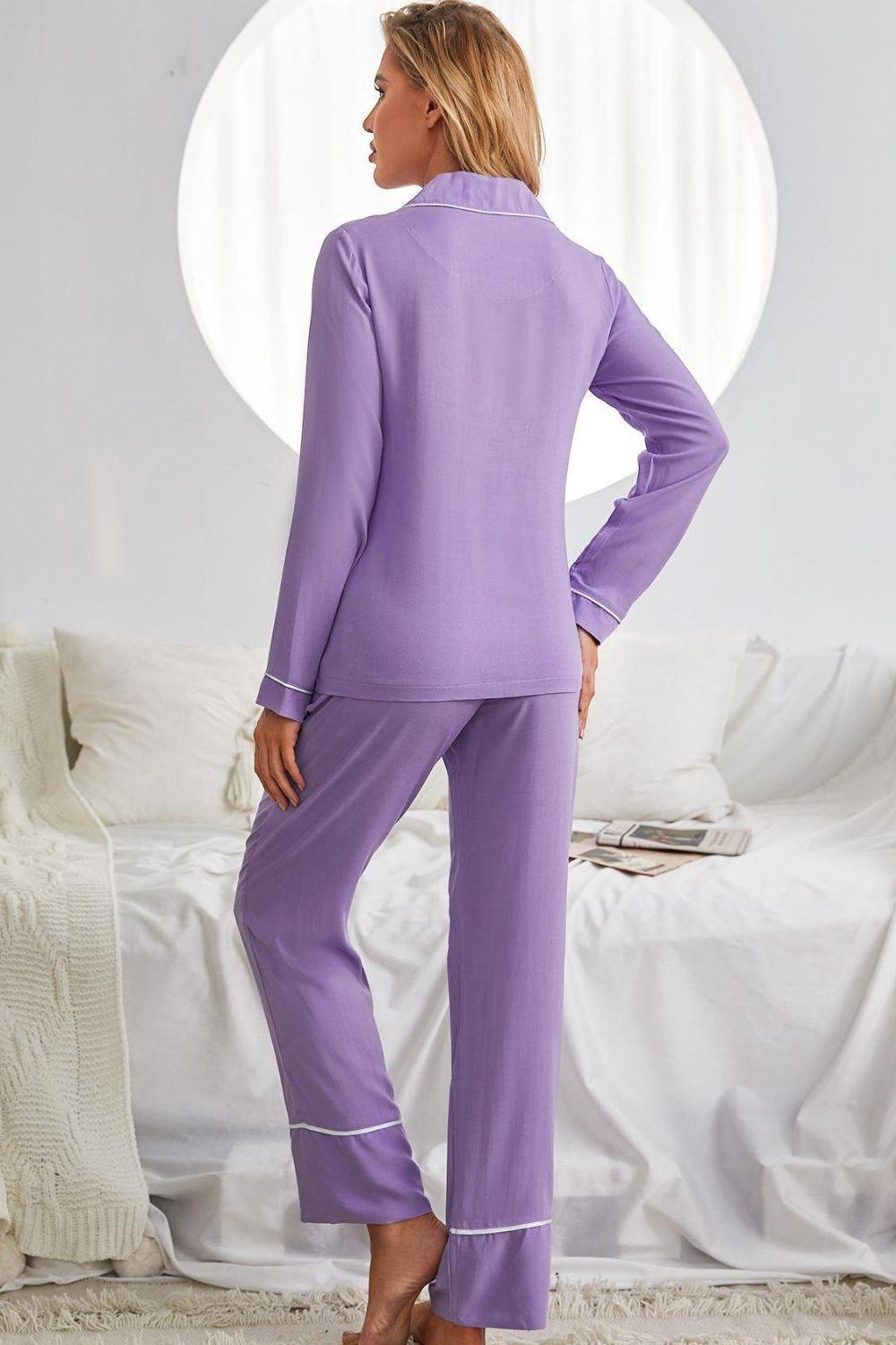 Contrast Lapel Collar Shirt and Pants Pajama Set with Pockets - Lab Fashion, Home & Health