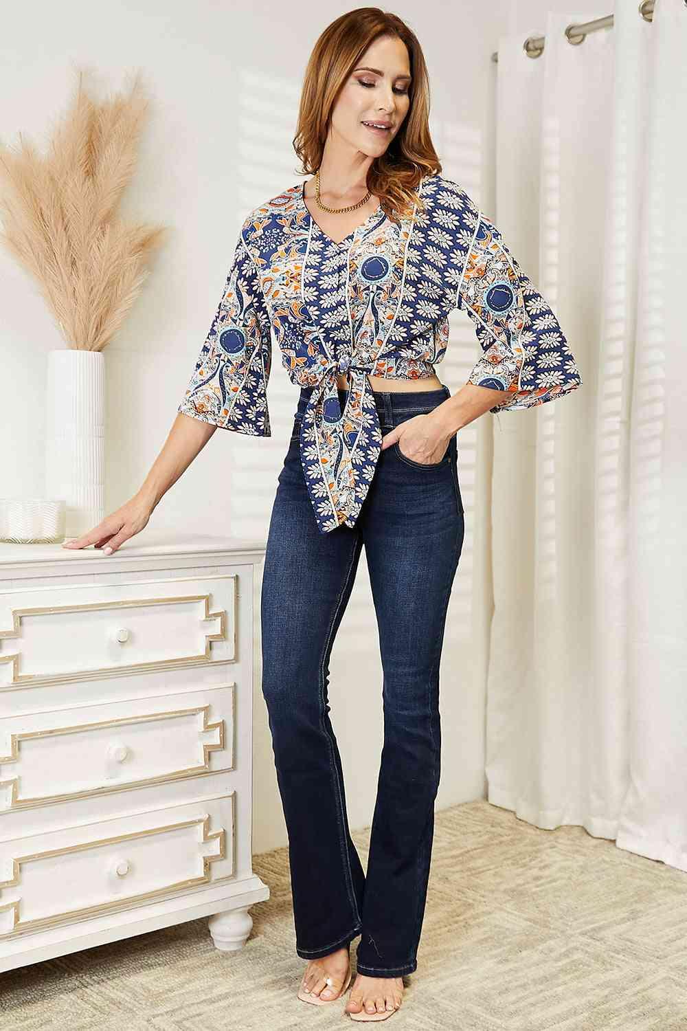 Double Take Tie Hem V-Neck Three-Quarter Sleeve Blouse - Lab Fashion, Home & Health