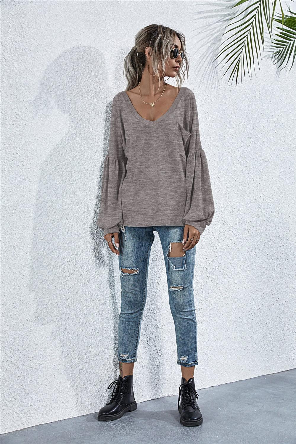 V-Neck Long Sleeve Dropped Shoulder Knit Top - Lab Fashion, Home & Health