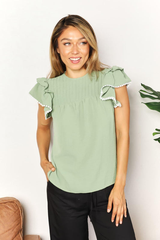 Double Take Pleated Detail Flutter Sleeve Blouse - Lab Fashion, Home & Health