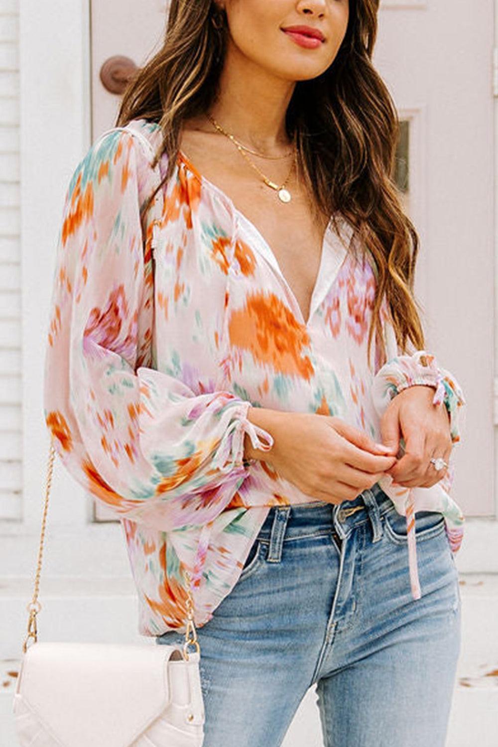 Printed Tie Neck Long Sleeve Blouse - Lab Fashion, Home & Health