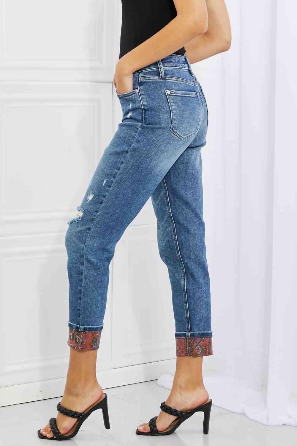 Judy Blue Gina Full Size Mid Rise Paisley Patch Cuff Boyfriend Jeans - Lab Fashion, Home & Health