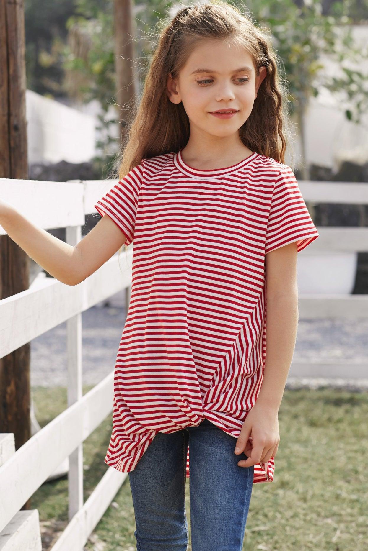 Girls Striped Round Neck Twisted Tee Shirt - Lab Fashion, Home & Health