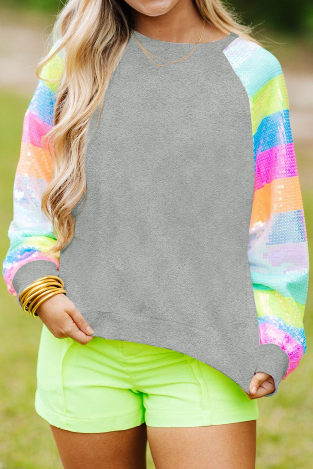 Round Neck Color Block Glitter Sleeve Sweatshirt - Lab Fashion, Home & Health