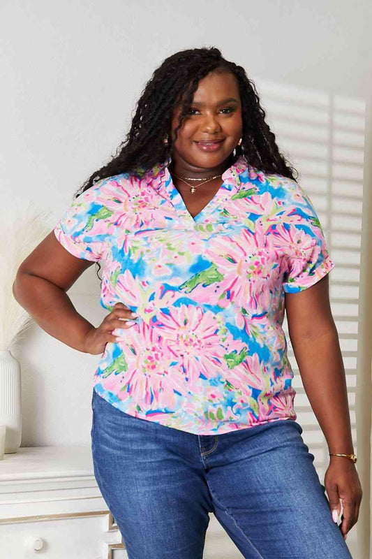 Double Take Floral Notched Neck Short Sleeve Top - Lab Fashion, Home & Health