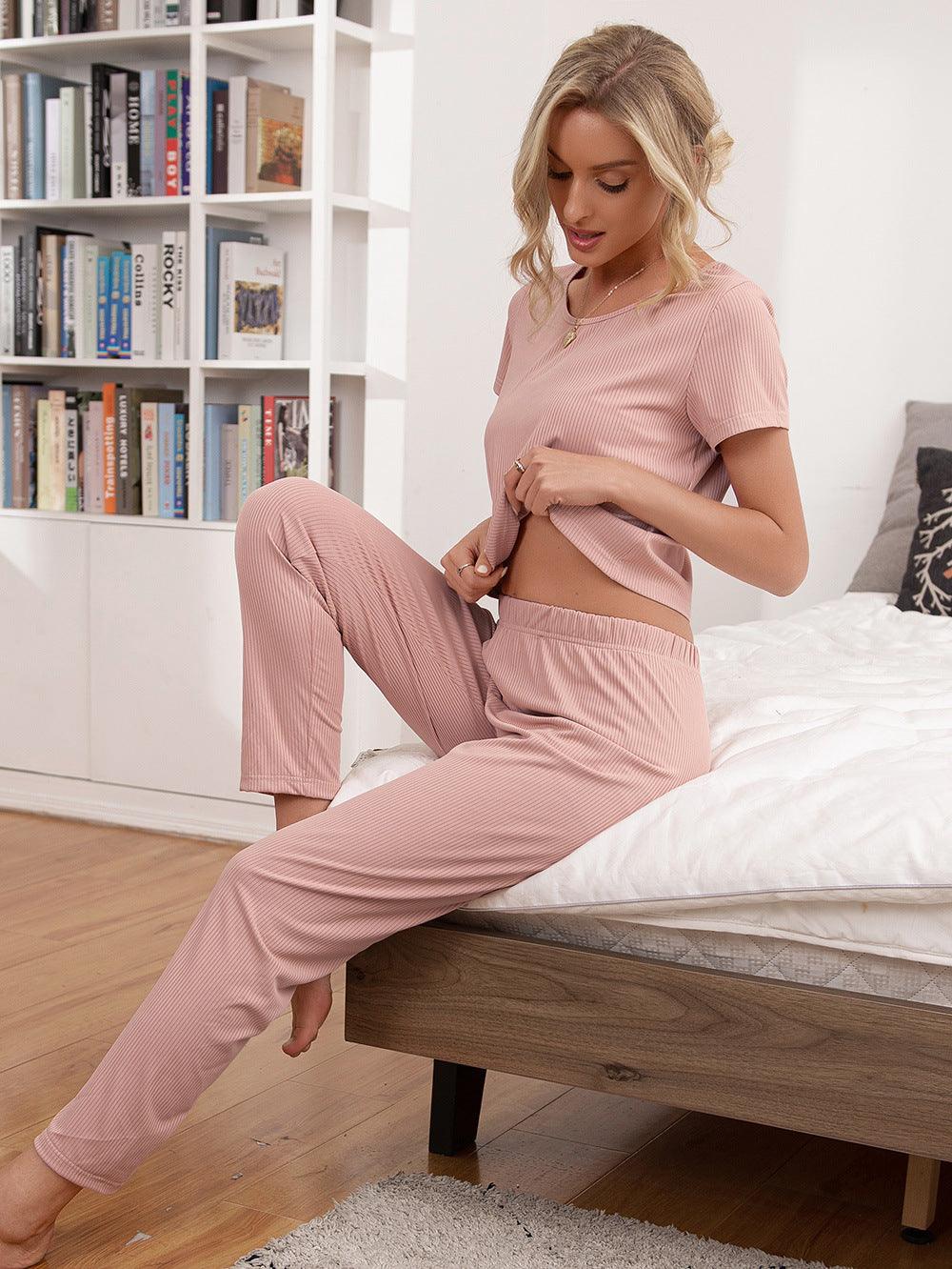 Round Neck Short Sleeve Top and Pants Lounge Set - Lab Fashion, Home & Health
