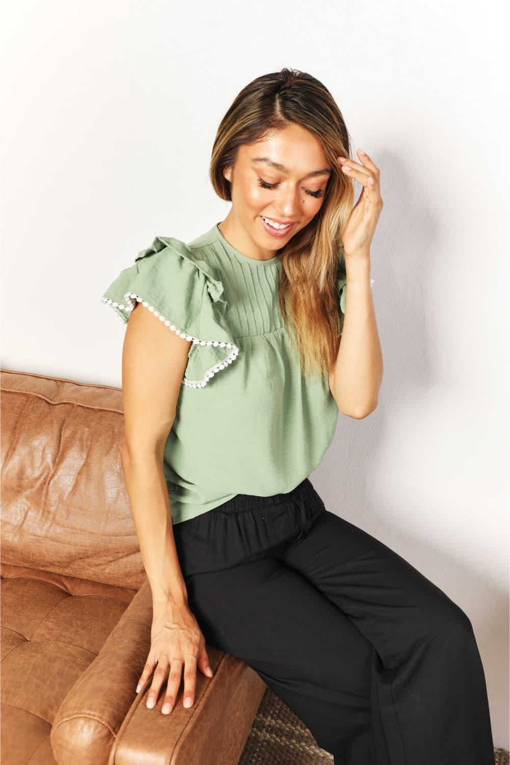 Double Take Pleated Detail Flutter Sleeve Blouse - Lab Fashion, Home & Health