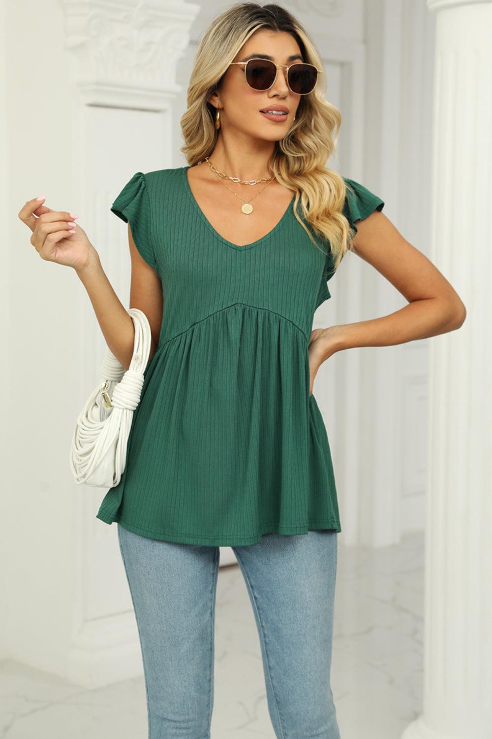 V-Neck Flutter Sleeve Babydoll Blouse - Lab Fashion, Home & Health