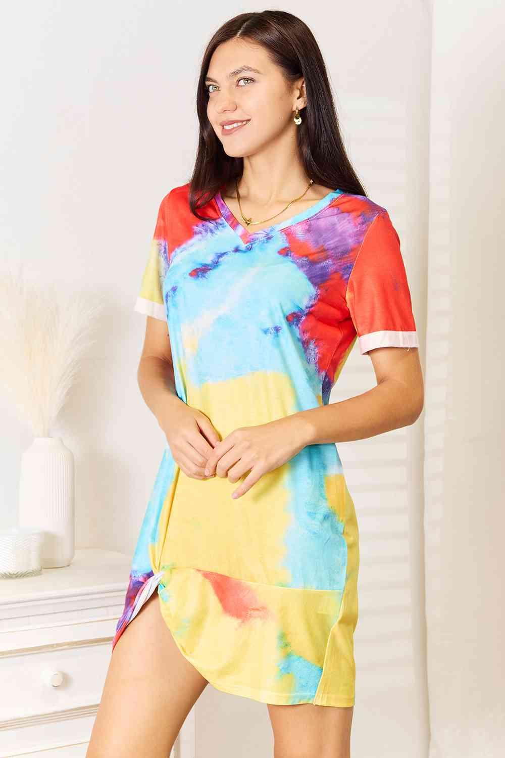 Double Take Tie-Dye V-Neck Twisted Dress - Lab Fashion, Home & Health