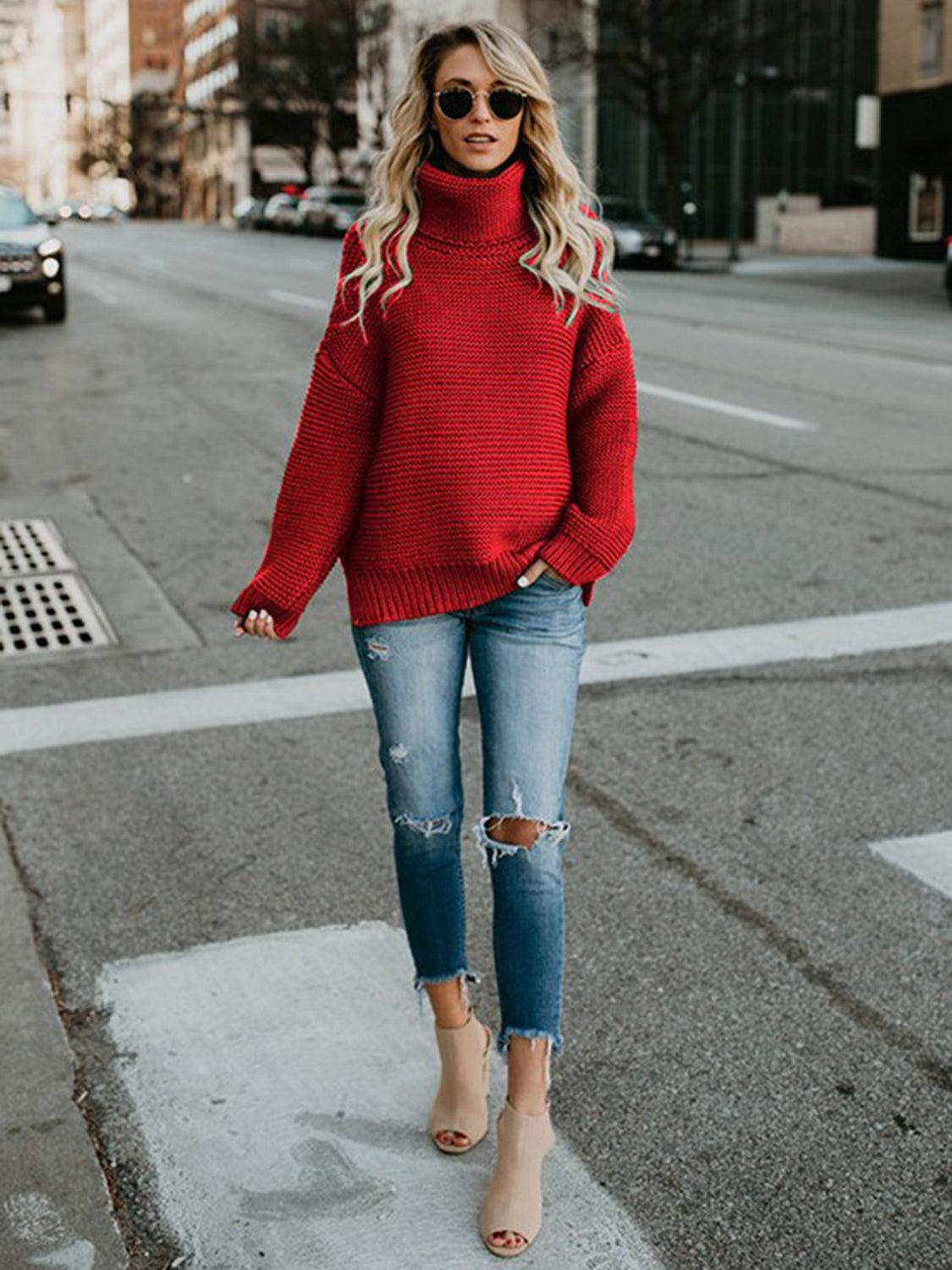 Turtleneck Dropped Shoulder Slit Sweater - Lab Fashion, Home & Health