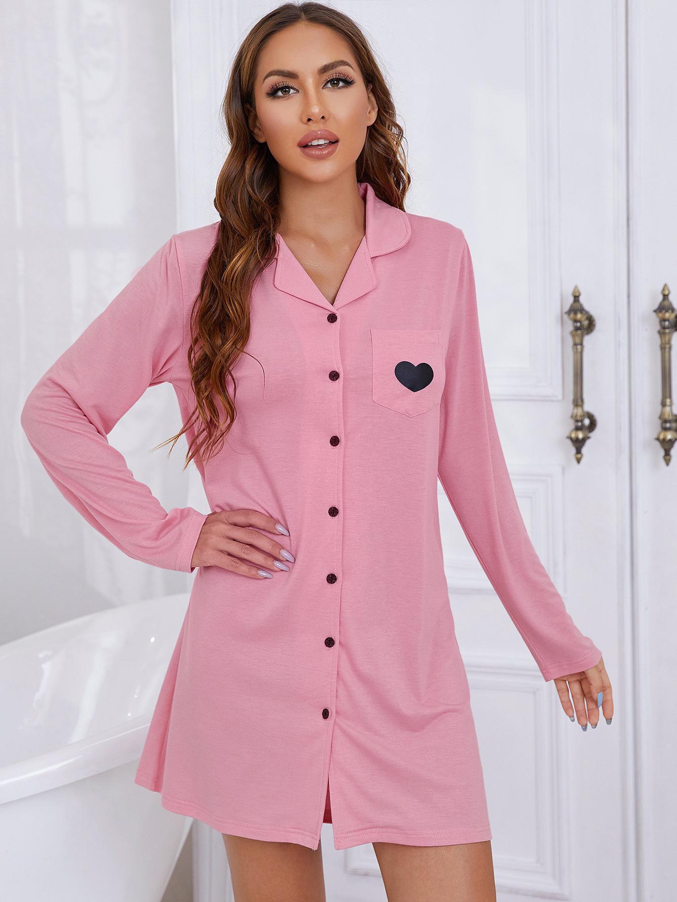 Heart Graphic Lapel Collar Long Sleeve Night Dress - Lab Fashion, Home & Health