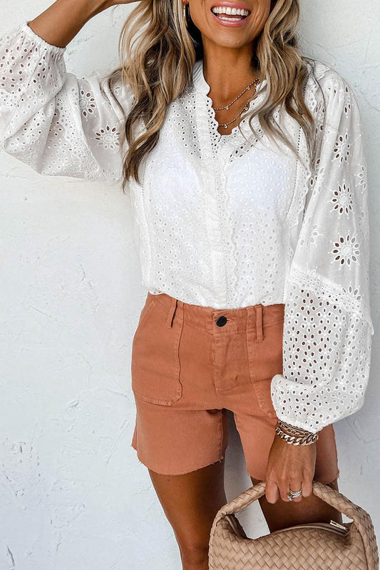 V-Neck Openwork Long Sleeve Blouse - Lab Fashion, Home & Health