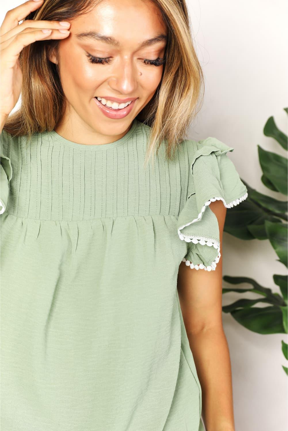 Double Take Pleated Detail Flutter Sleeve Blouse - Lab Fashion, Home & Health