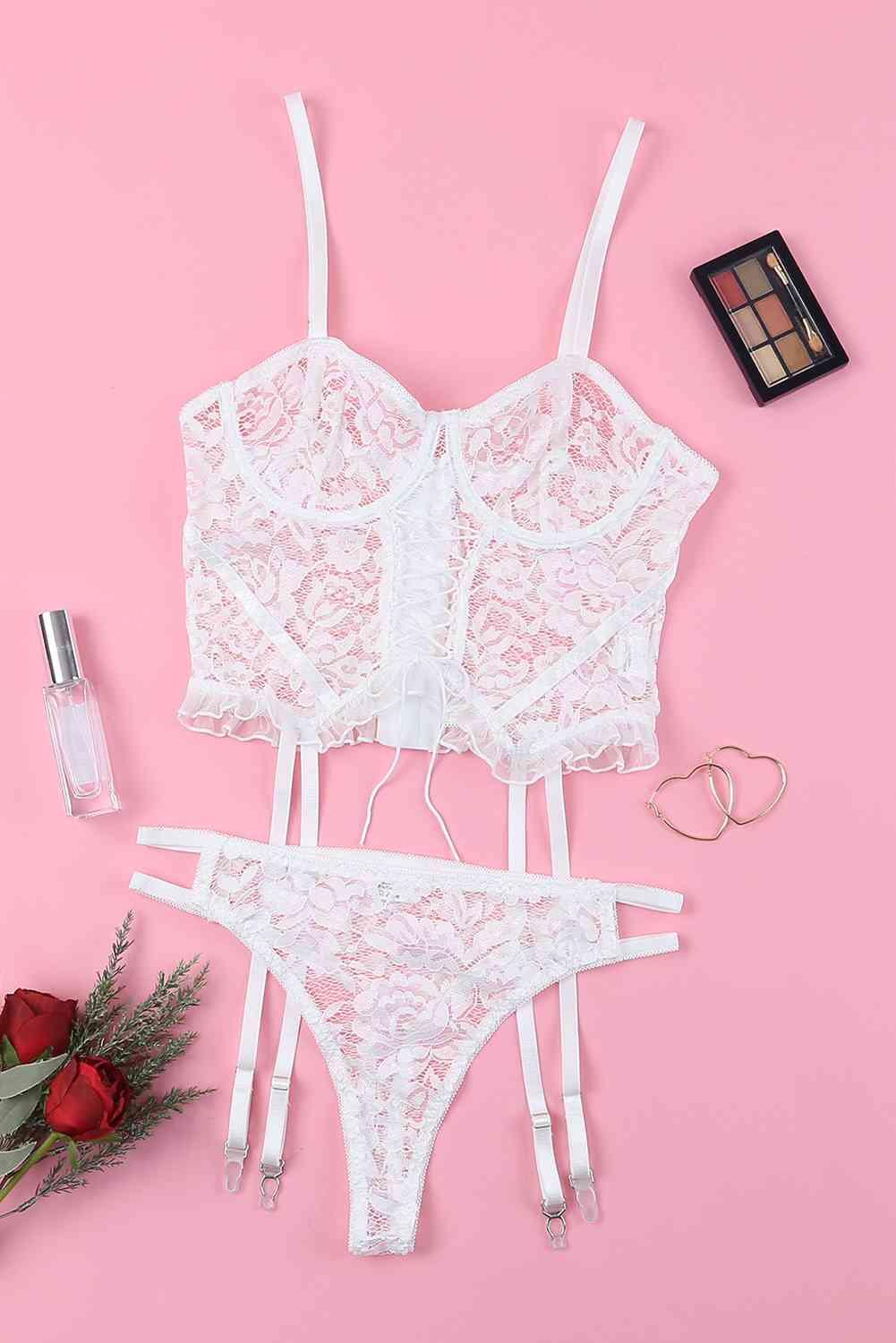 Lace-Up Frill Trim Lingerie Set - Lab Fashion, Home & Health