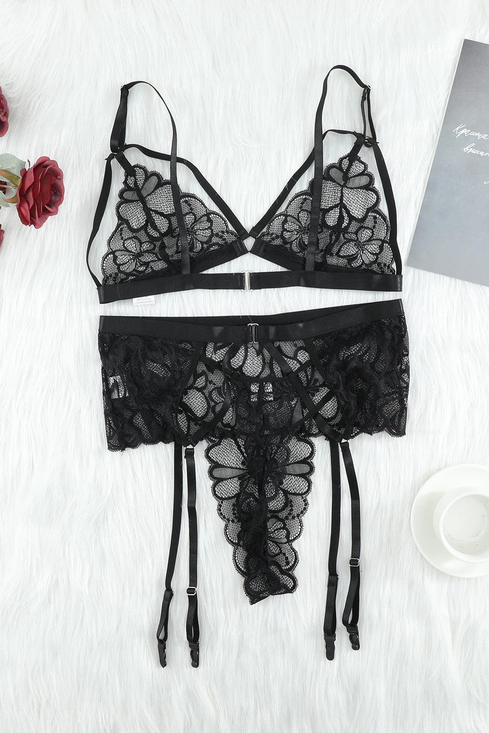 Strappy Three-Piece Lace Lingerie Set - Lab Fashion, Home & Health