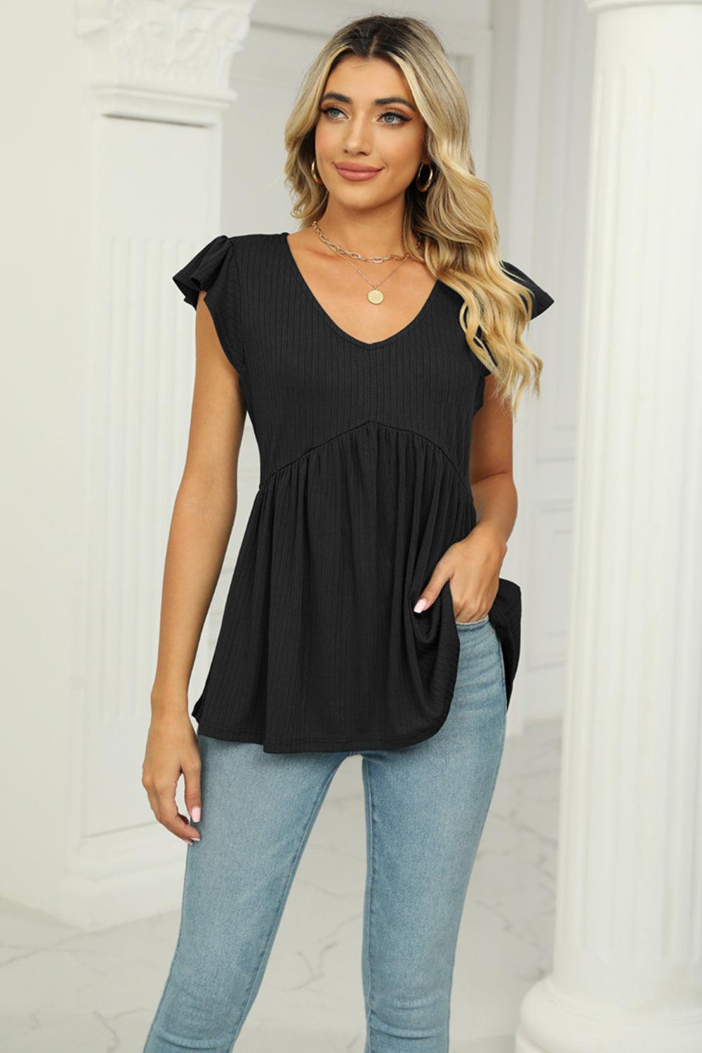 V-Neck Flutter Sleeve Babydoll Blouse - Lab Fashion, Home & Health