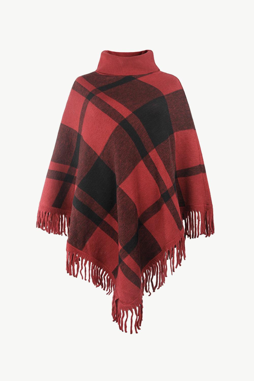 Plaid Turtleneck Fringe Hem Poncho - Lab Fashion, Home & Health