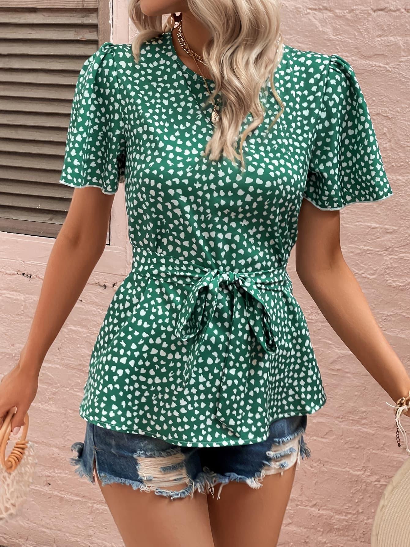 Heart Print Puff Sleeve Blouse - Lab Fashion, Home & Health