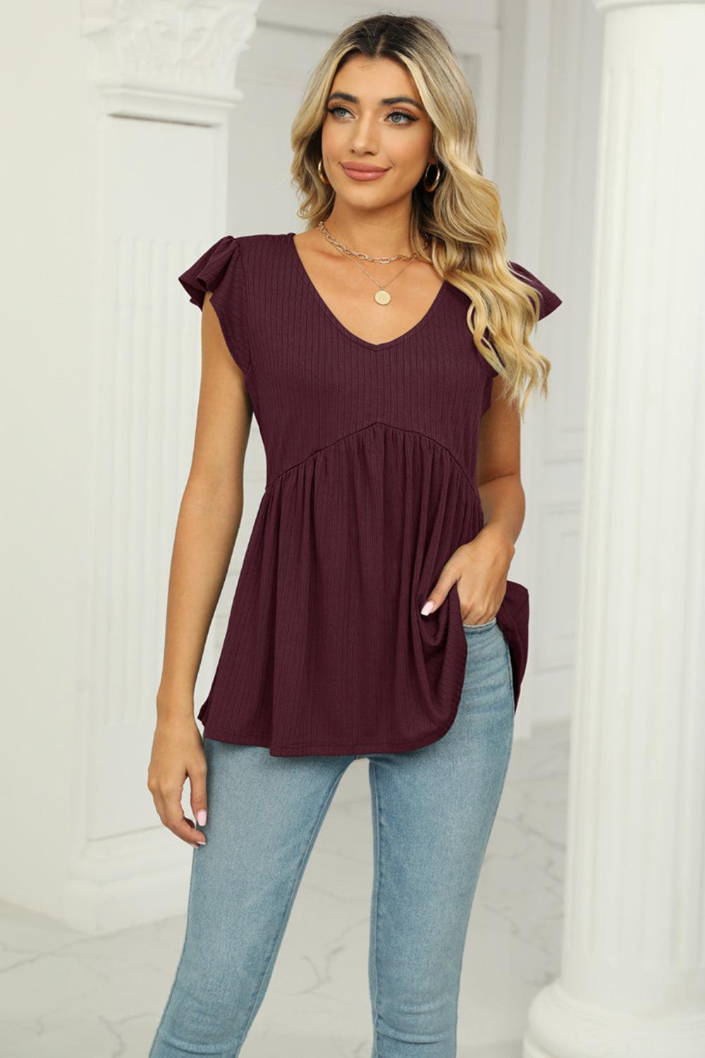 V-Neck Flutter Sleeve Babydoll Blouse - Lab Fashion, Home & Health