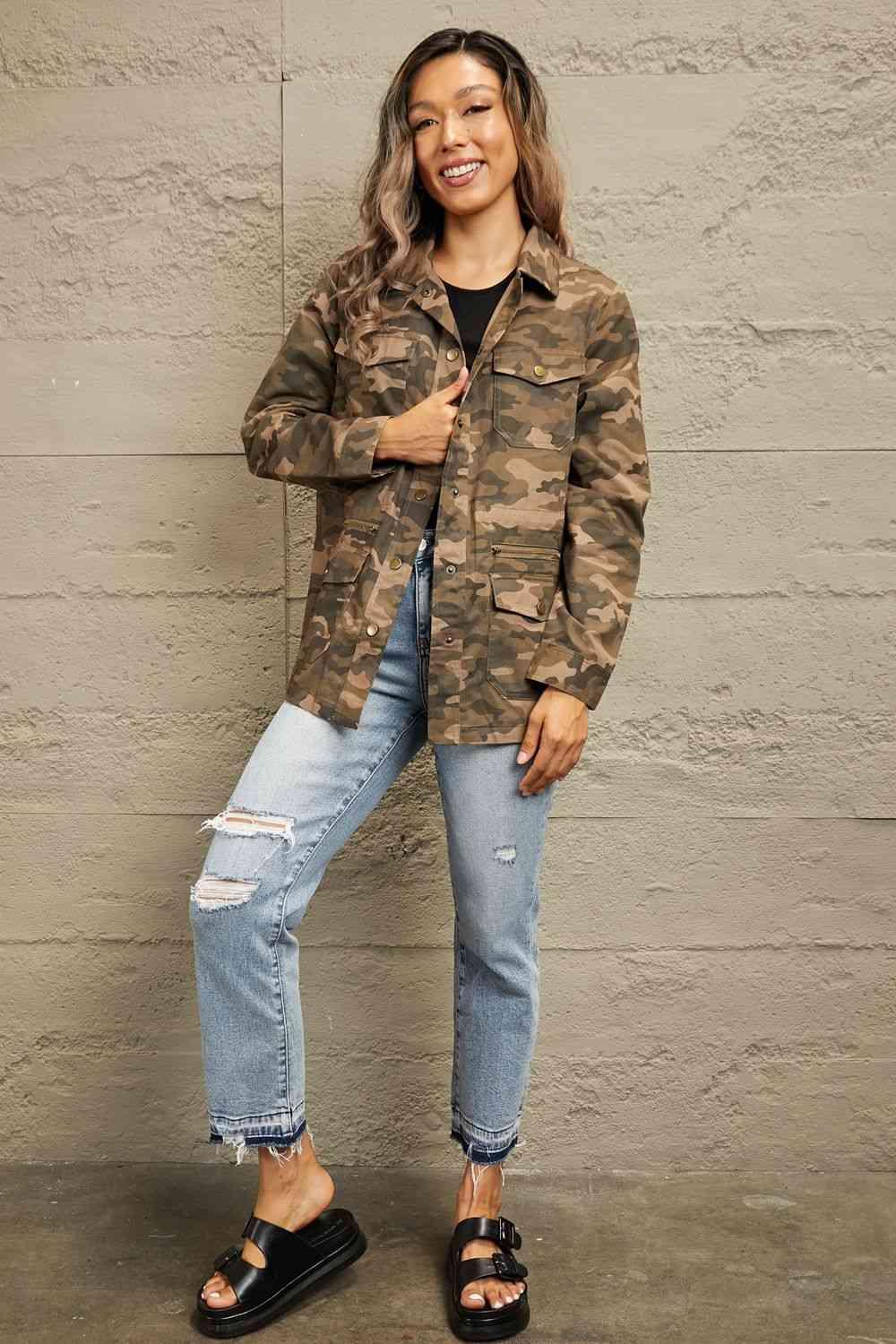 Double Take Camouflage Snap Down Jacket - Lab Fashion, Home & Health