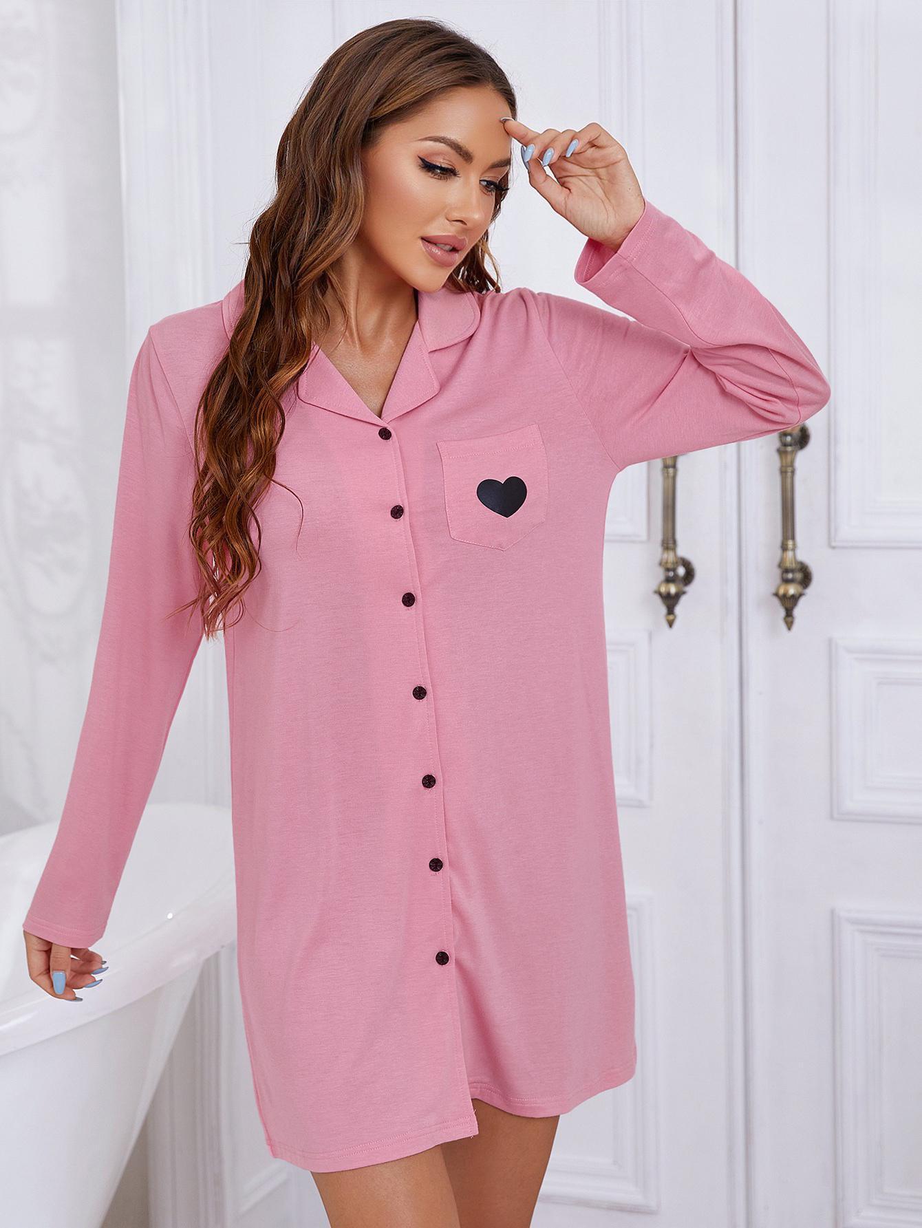 Heart Graphic Lapel Collar Long Sleeve Night Dress - Lab Fashion, Home & Health