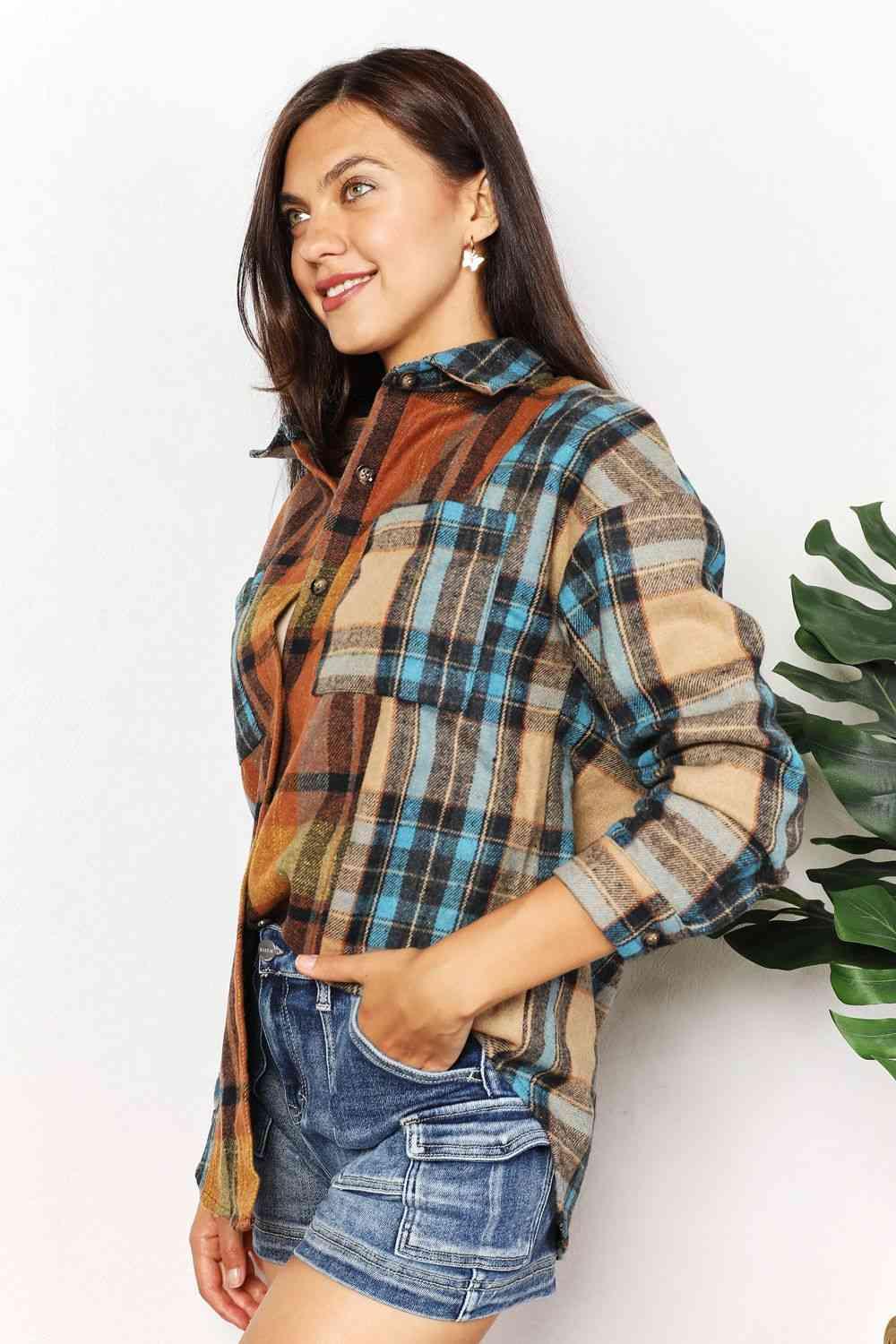 Double Take Plaid Curved Hem Shirt Jacket with Breast Pockets - Lab Fashion, Home & Health