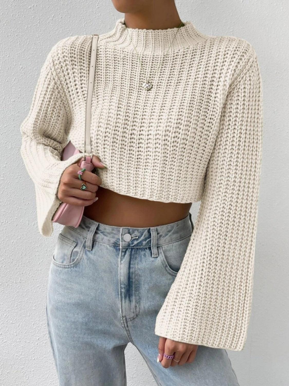 Mock Neck Long Sleeve Cropped Sweater - Lab Fashion, Home & Health