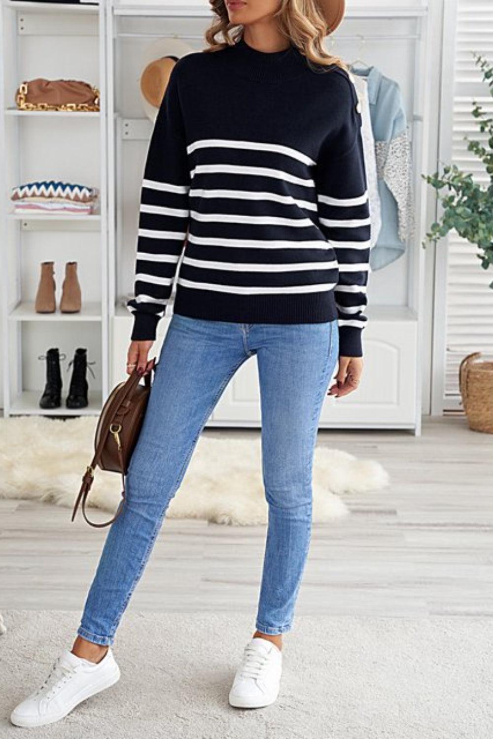 Striped Shoulder Detail Sweater - Lab Fashion, Home & Health