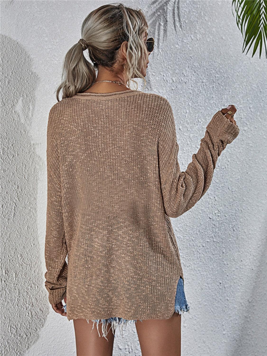 Notched Neck Slit Knit Top - Lab Fashion, Home & Health