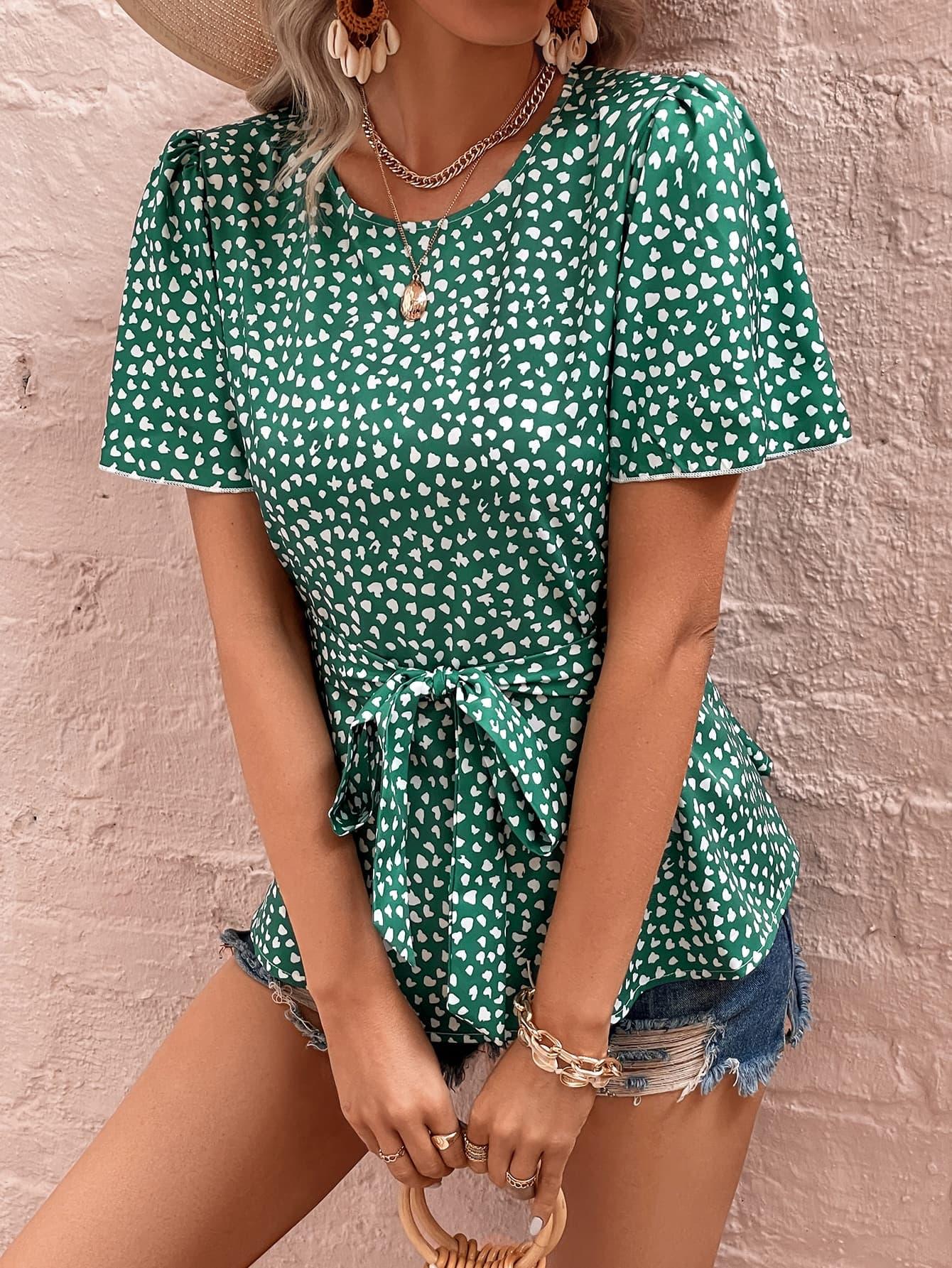 Heart Print Puff Sleeve Blouse - Lab Fashion, Home & Health