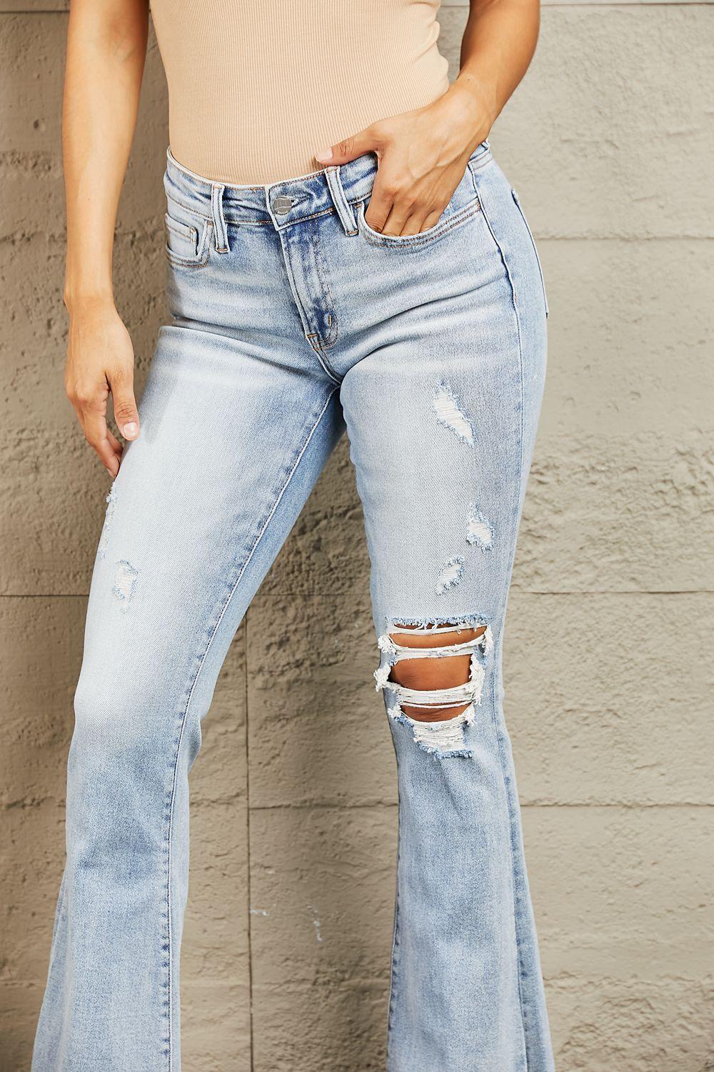 BAYEAS Mid Rise Distressed Flare Jeans - Lab Fashion, Home & Health