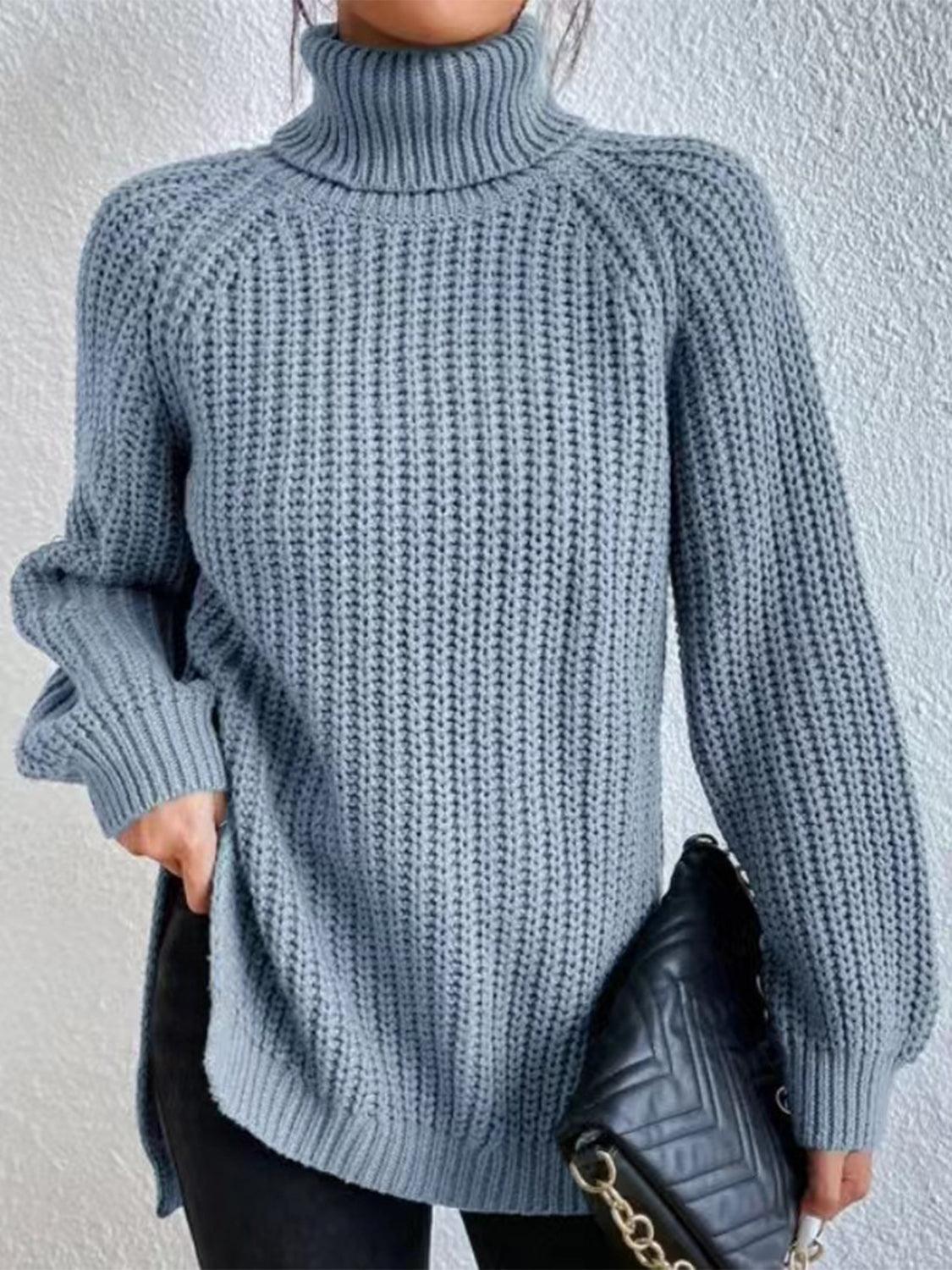 Full Size Turtleneck Slit Sweater - Lab Fashion, Home & Health