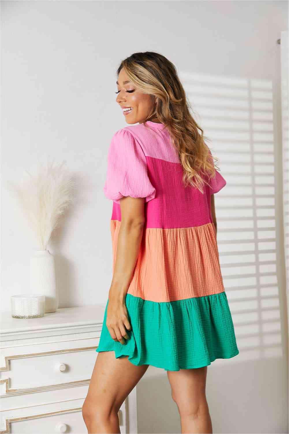 Double Take Color Block Buttoned Puff Sleeve Dress - Lab Fashion, Home & Health