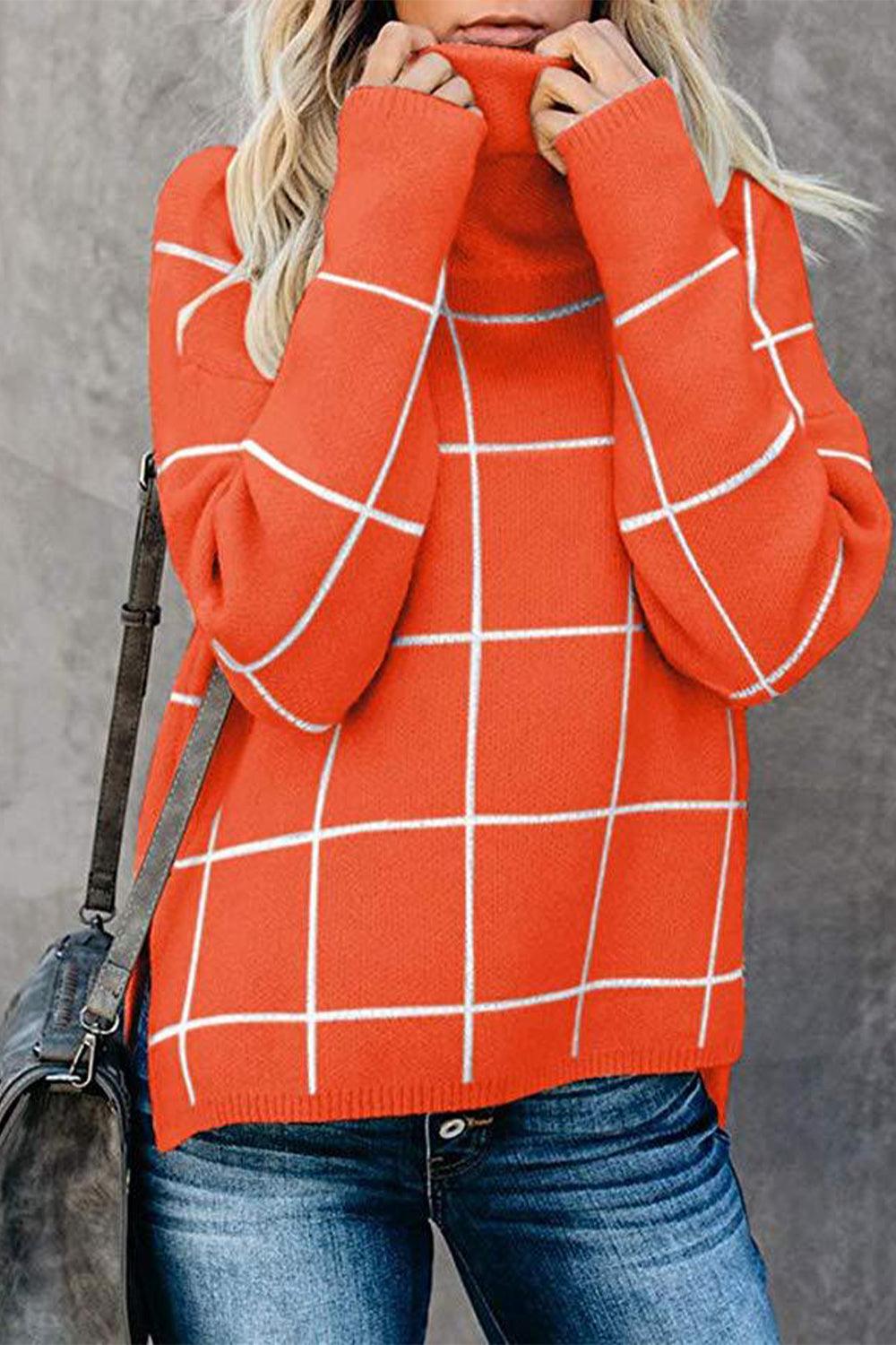 Plaid Turtleneck Drop Shoulder Sweater - Lab Fashion, Home & Health