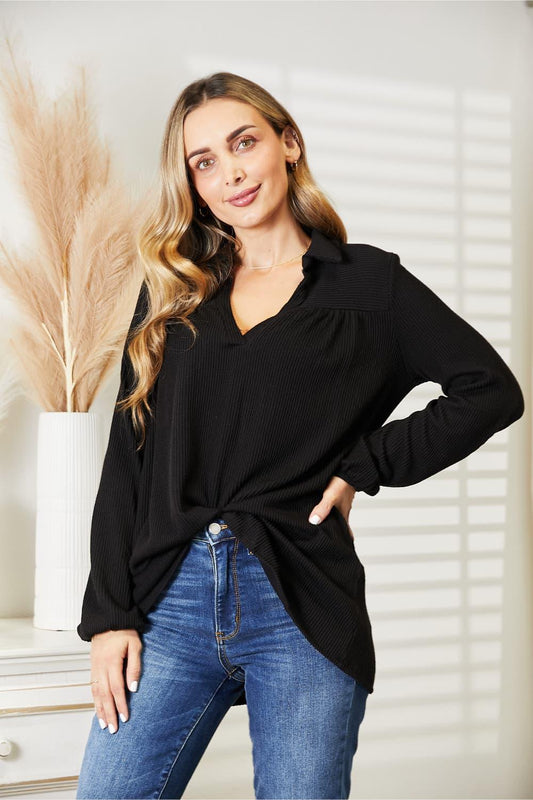 Celeste Full Size Long Sleeve Ribbed Blouse - Lab Fashion, Home & Health