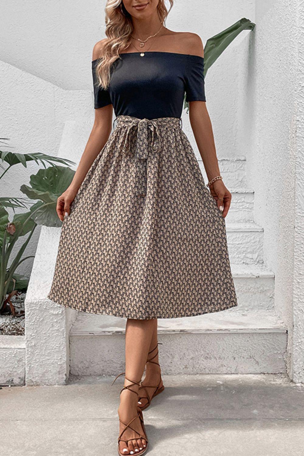 Printed Tie Belt Off-Shoulder Dress - Lab Fashion, Home & Health