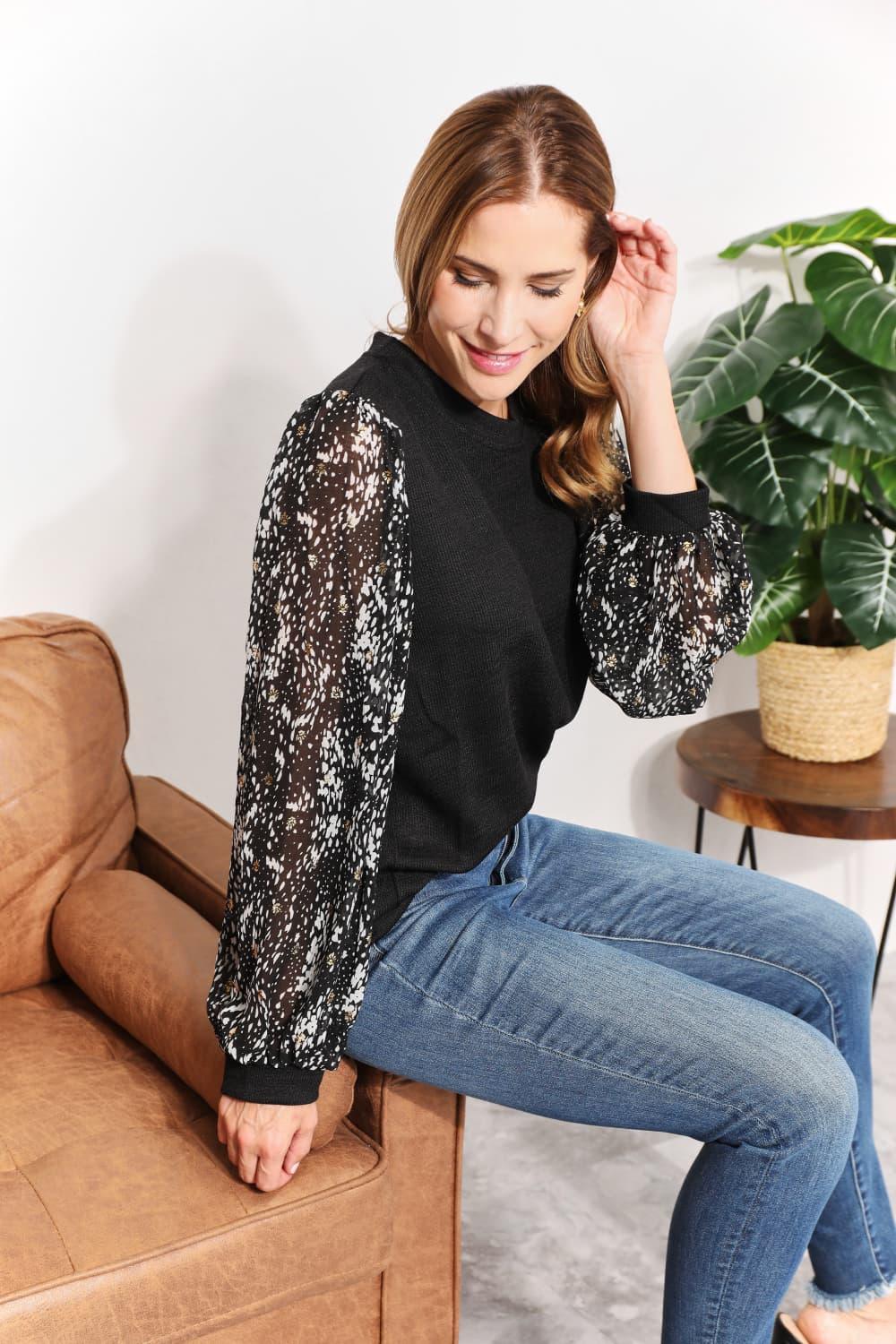 And The Why Full Size Foil Printed Sleeve Top - Lab Fashion, Home & Health