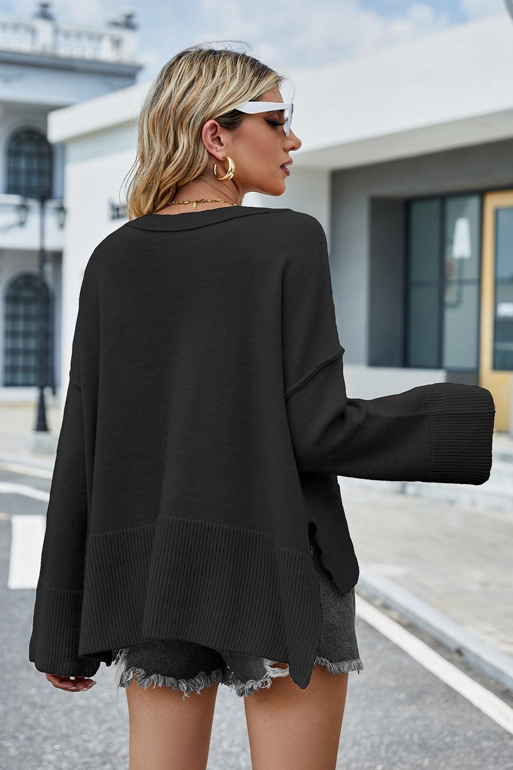 Round Neck Dropped Shoulder Slit Sweater - Lab Fashion, Home & Health