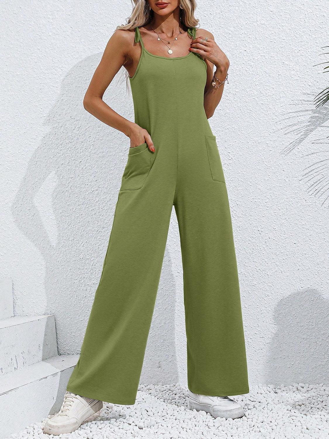 Tie-Shoulder Wide Leg Jumpsuit with Pockets - Lab Fashion, Home & Health