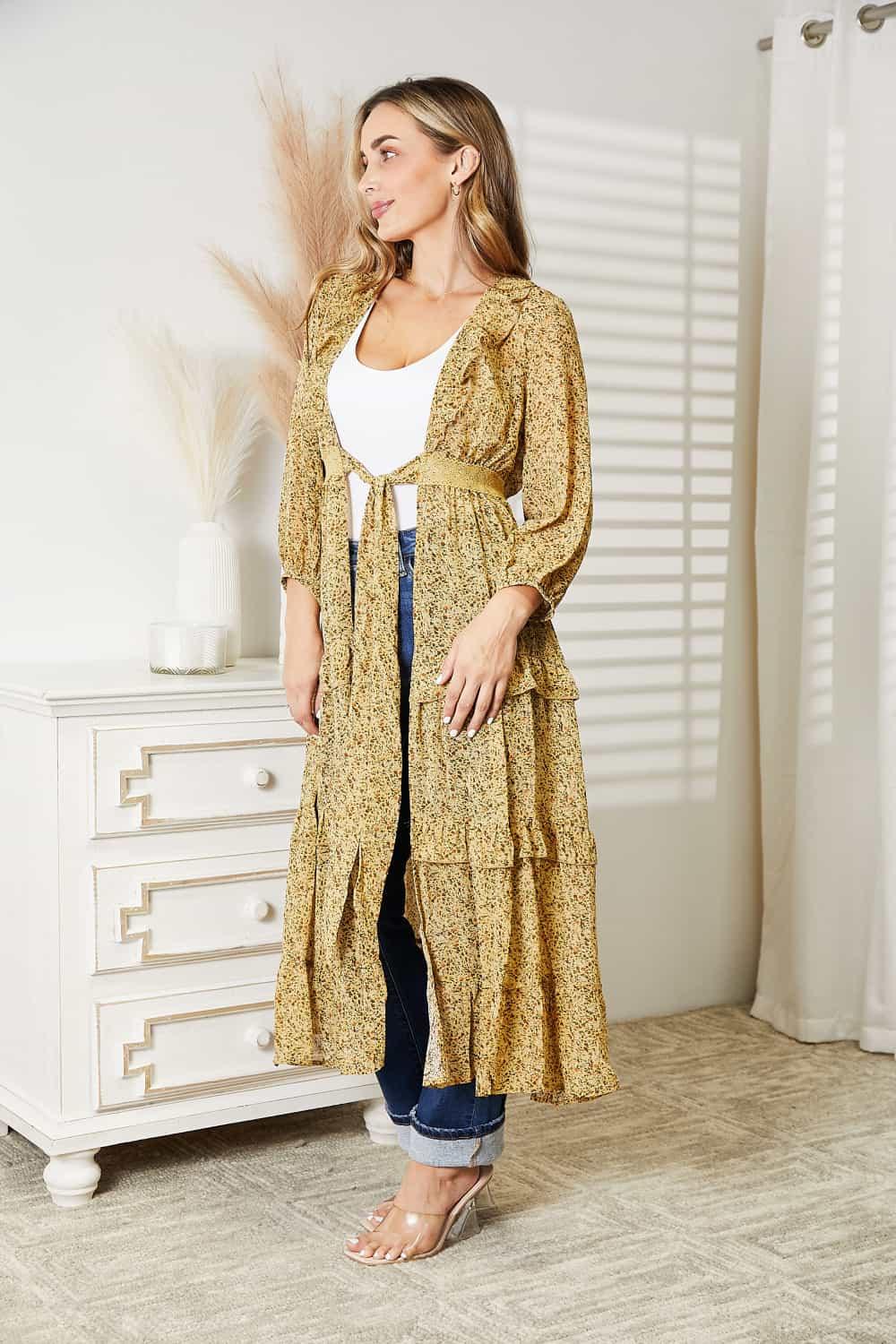 HEYSON Full Size Tie Front Ruffled Duster Cardigan - Lab Fashion, Home & Health