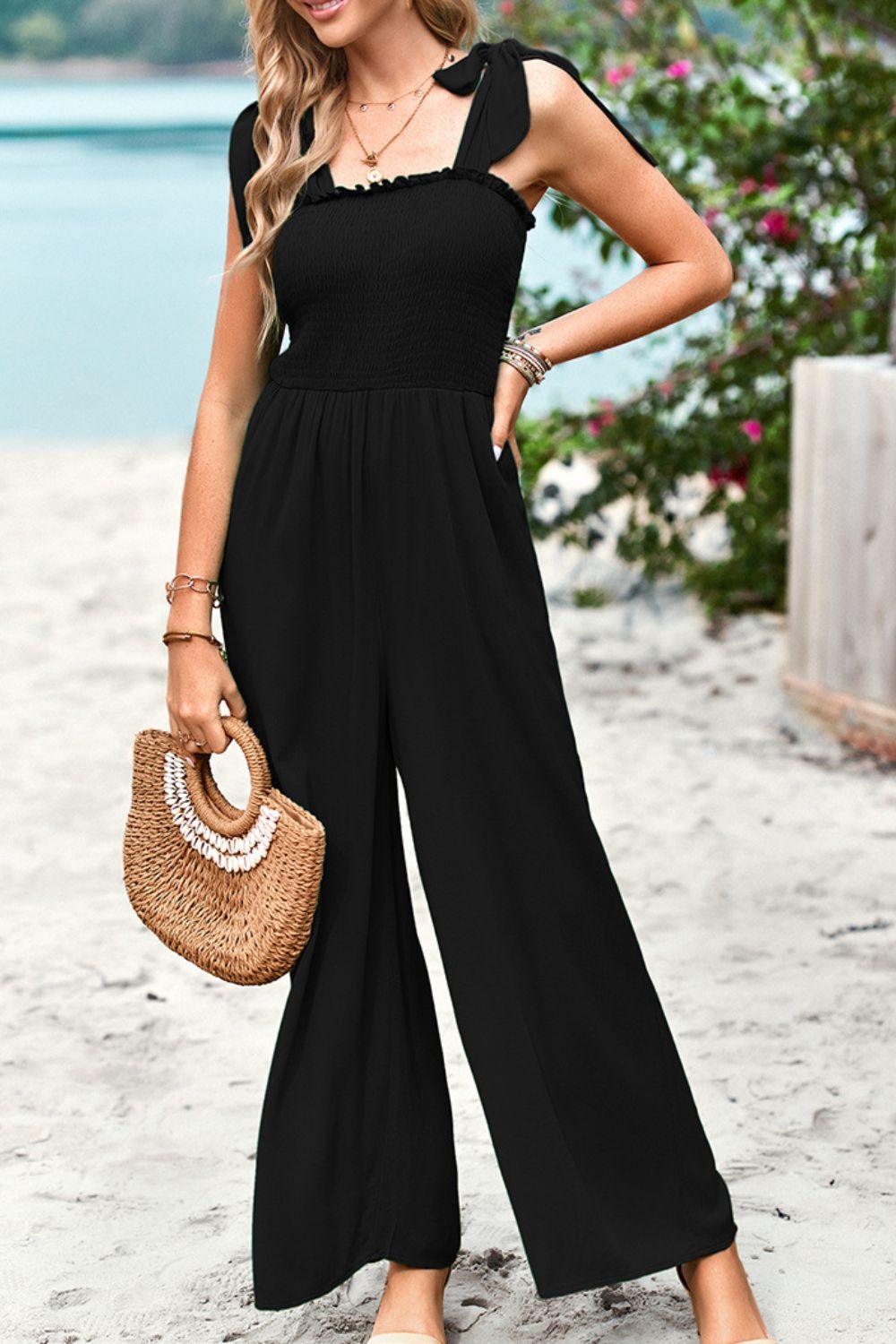 Frill Trim Tie Shoulder Wide Leg Jumpsuit with Pockets - Lab Fashion, Home & Health