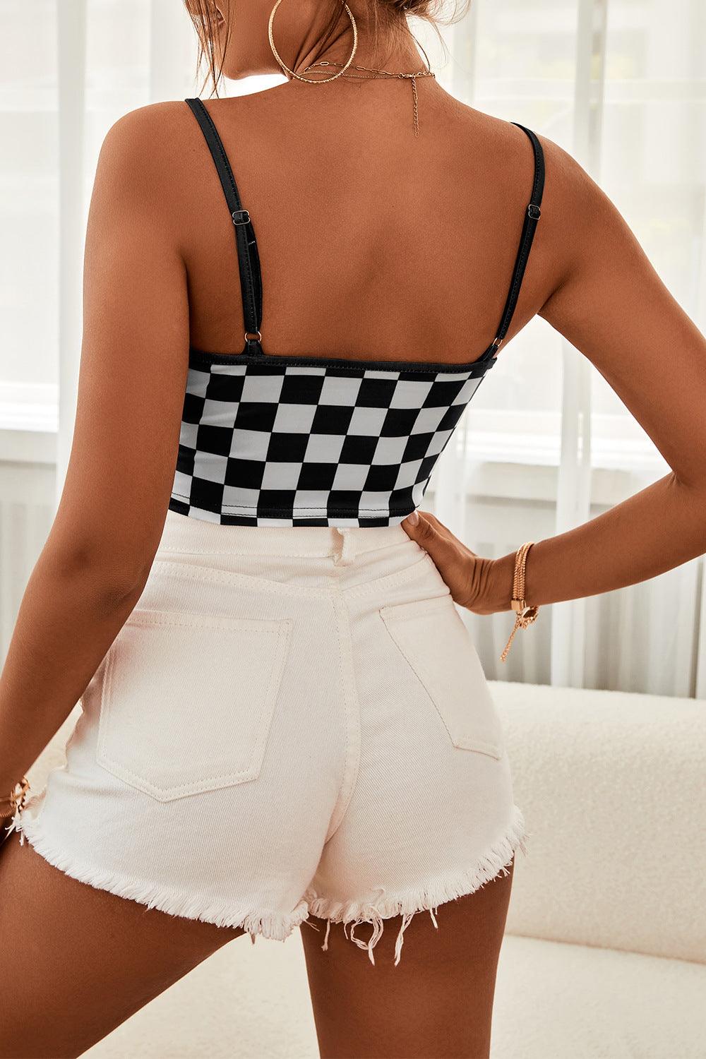 Checkered Adjustable Strap Cropped Cami - Lab Fashion, Home & Health