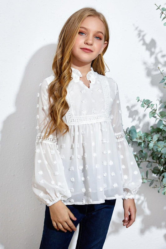 Girls Swiss Dot Spliced Lace Notched - Lab Fashion, Home & Health