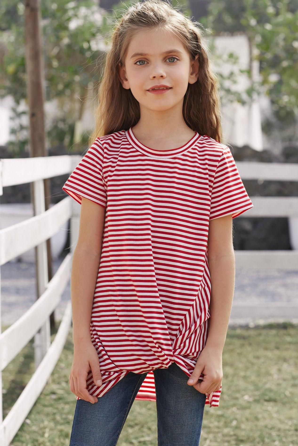 Girls Striped Round Neck Twisted Tee Shirt - Lab Fashion, Home & Health