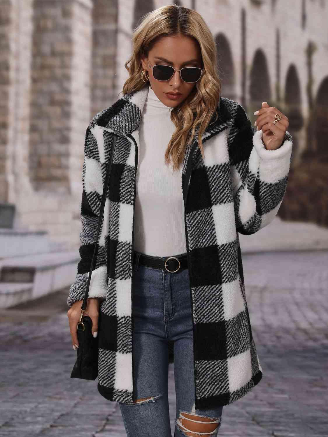 Plaid Collared Neck Coat with Pockets - Lab Fashion, Home & Health