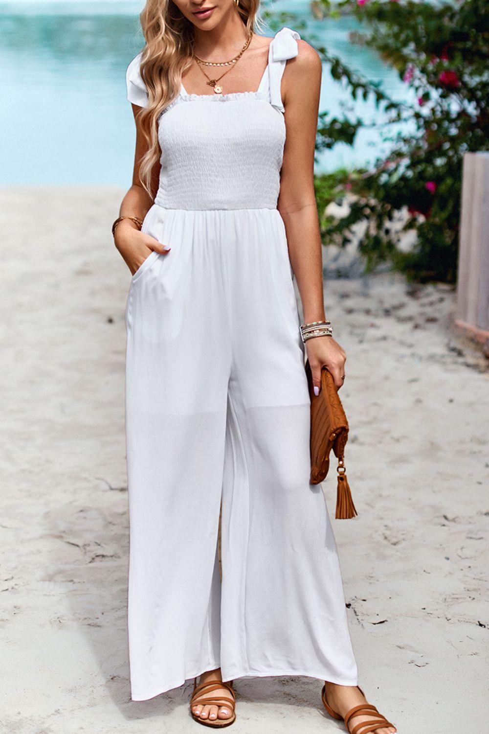 Frill Trim Tie Shoulder Wide Leg Jumpsuit with Pockets - Lab Fashion, Home & Health