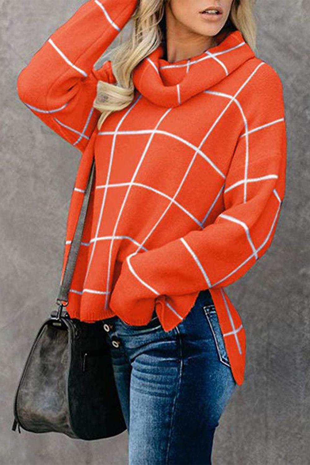 Plaid Turtleneck Drop Shoulder Sweater - Lab Fashion, Home & Health