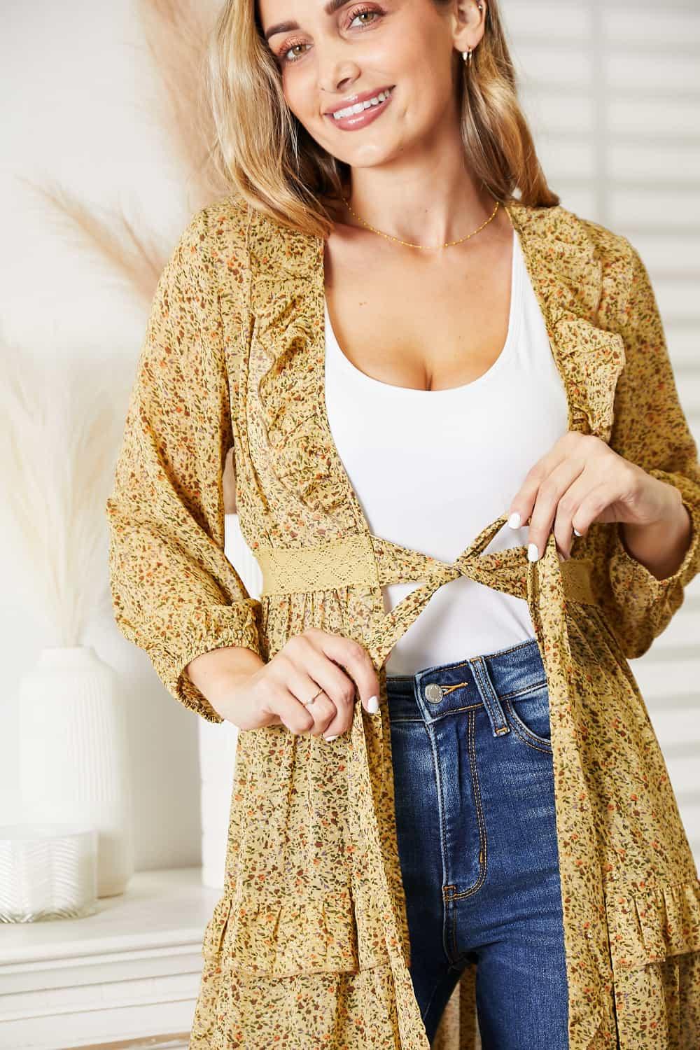 HEYSON Full Size Tie Front Ruffled Duster Cardigan - Lab Fashion, Home & Health