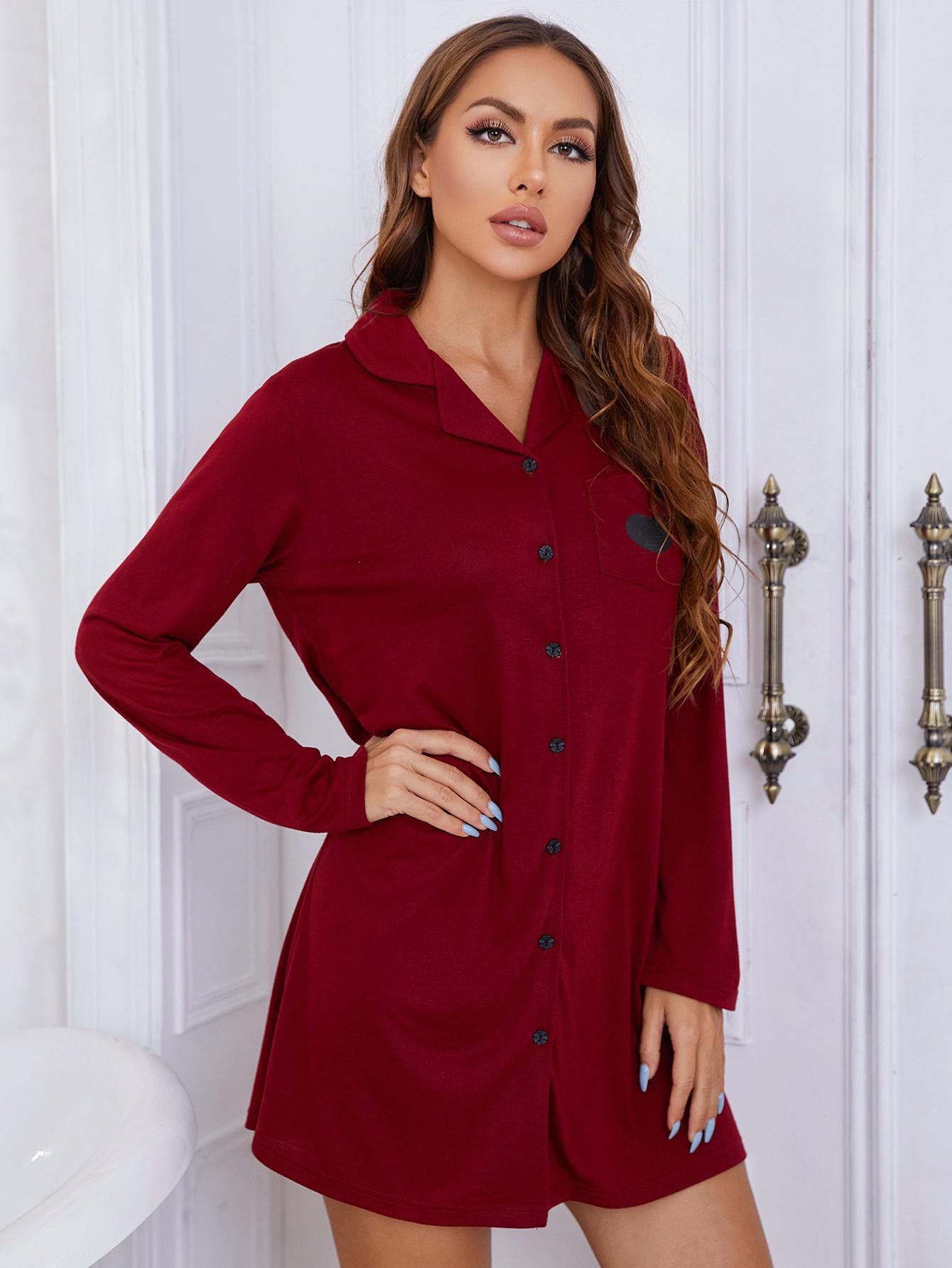 Heart Graphic Lapel Collar Long Sleeve Night Dress - Lab Fashion, Home & Health